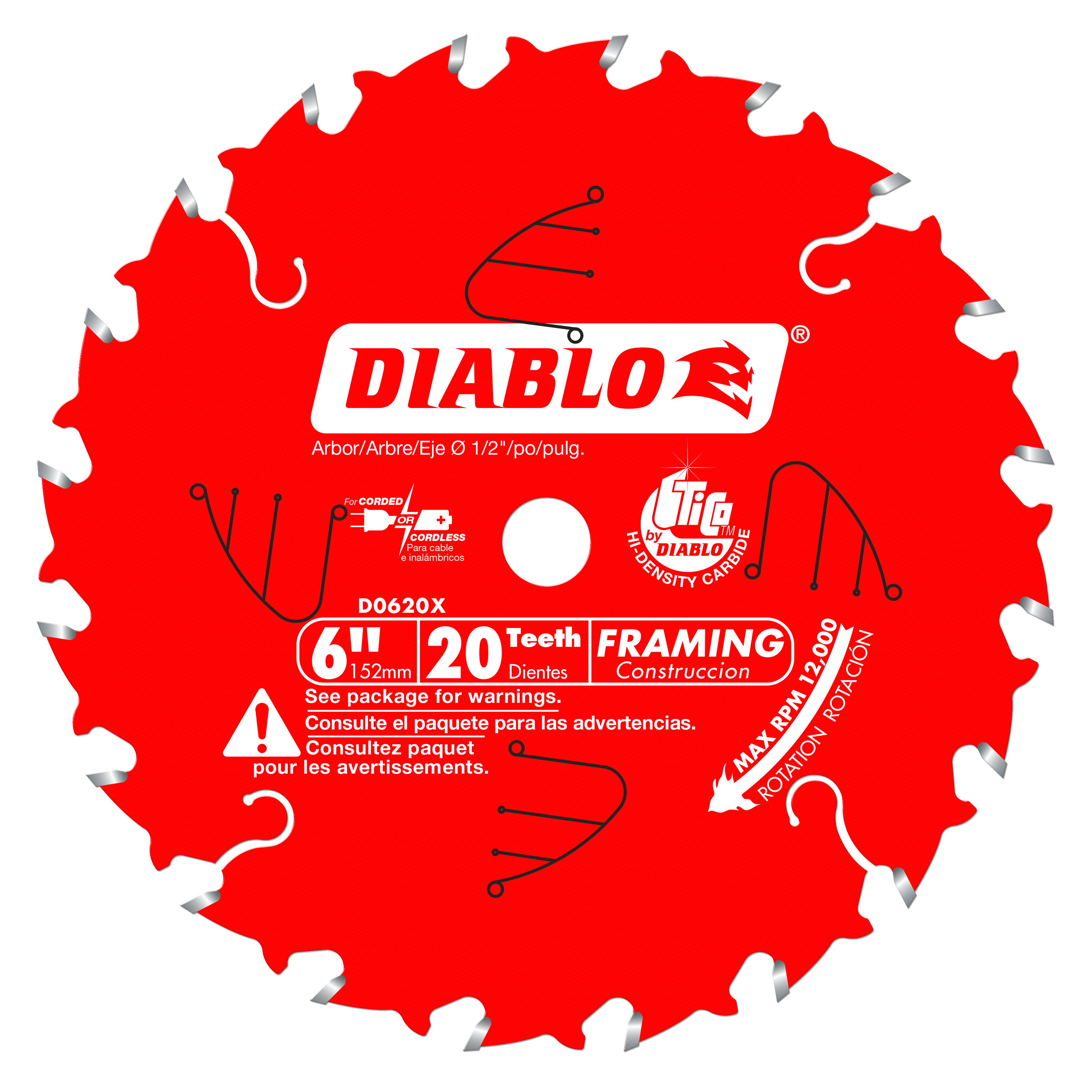 Red circular saw blade with 20 teeth, 6 inch diameter, white center arbor hole, and Diablo branding.
