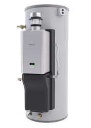 White cylindrical water heater with attached white tankless heater unit, digital display, brass fittings, and black base brac