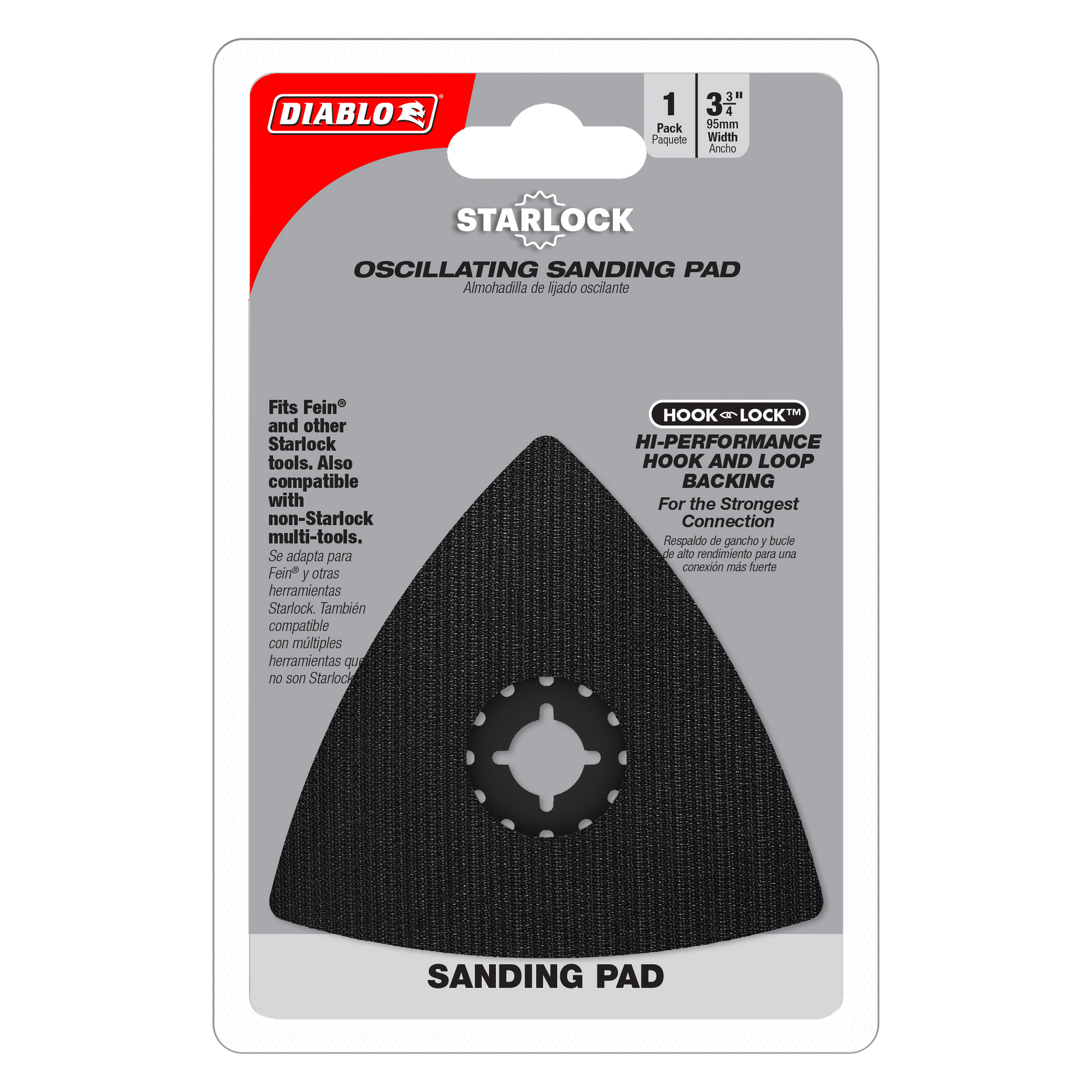 Black triangular Starlock oscillating sanding pad with hook and loop backing, 3-3/4 inch width.