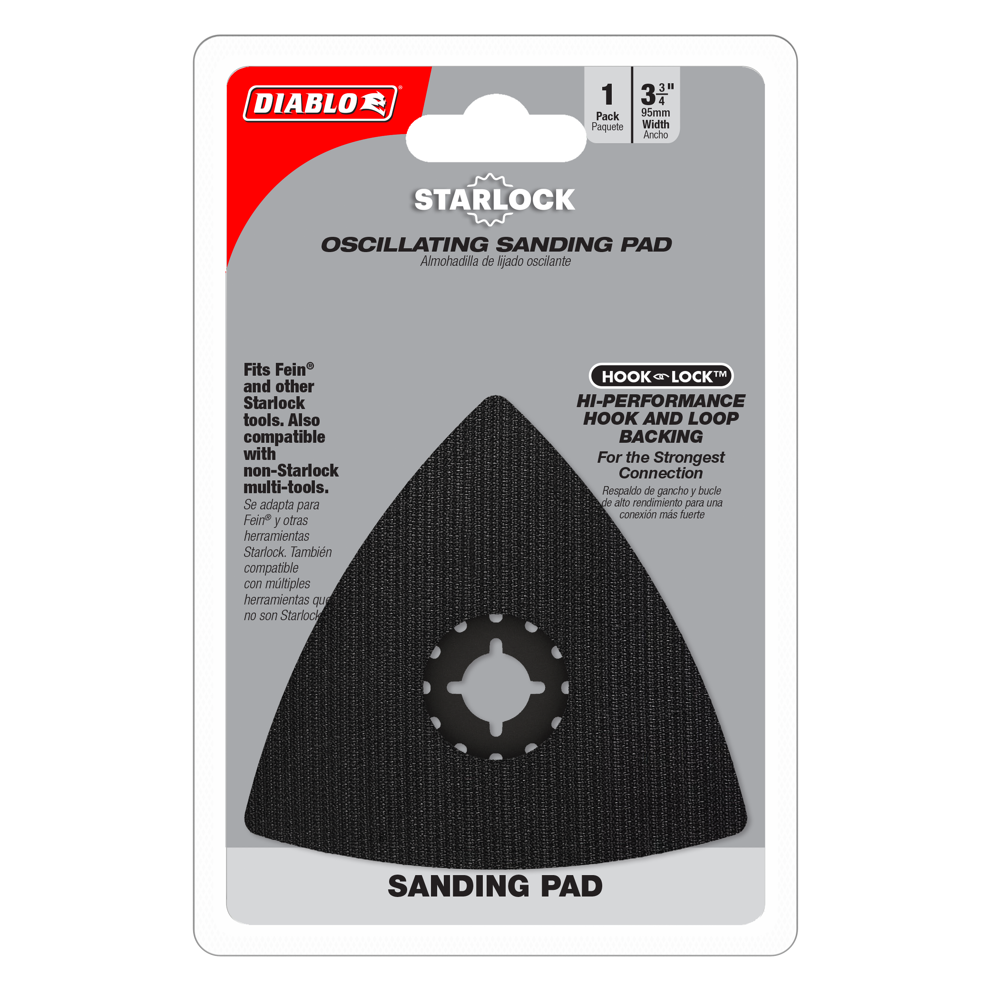 Black triangular Starlock oscillating sanding pad with hook and loop backing, 3-3/4 inch width.