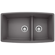 Cinder gray undermount kitchen sink with two bowls and chrome drain strainers, viewed from above.