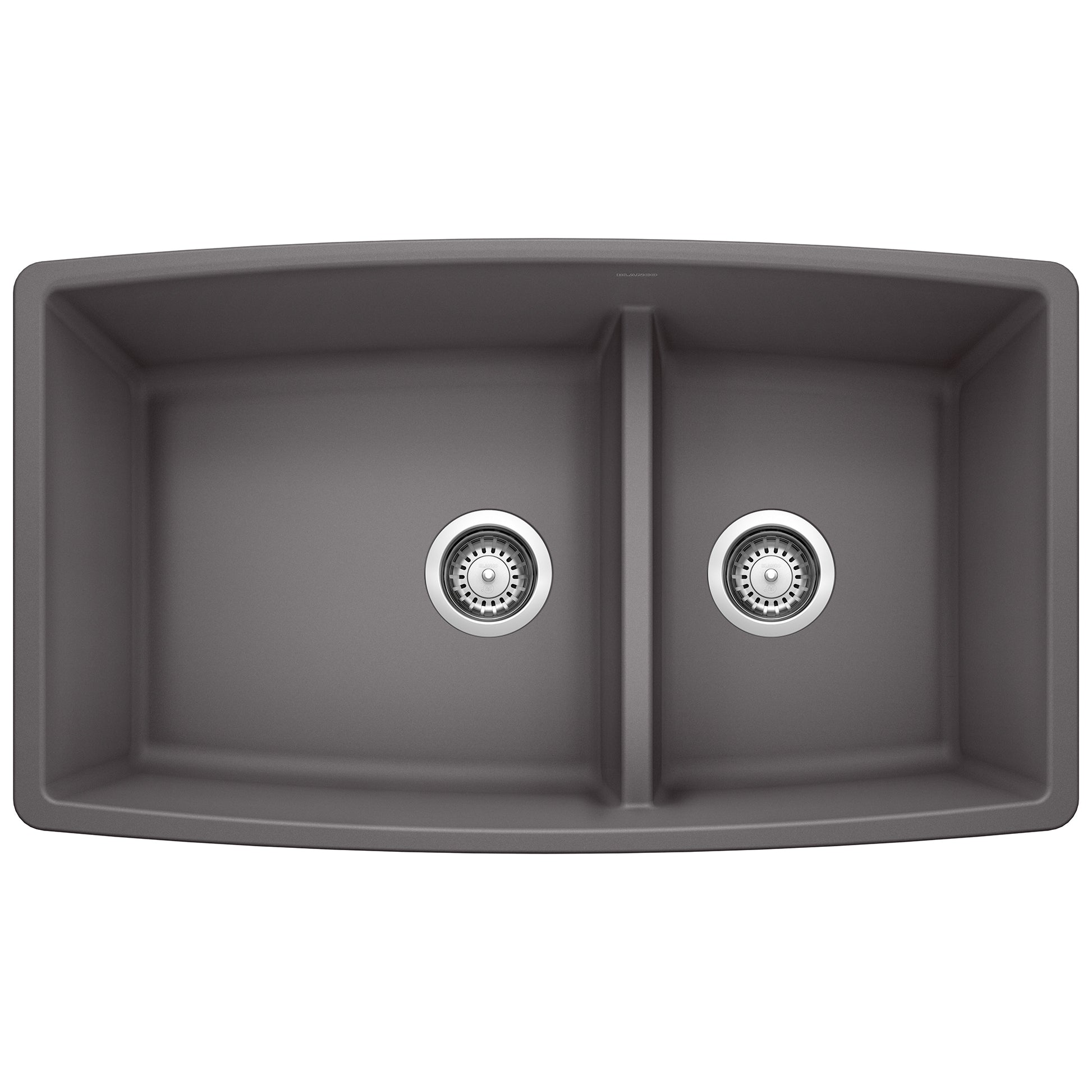Cinder gray undermount kitchen sink with two bowls and chrome drain strainers, viewed from above.