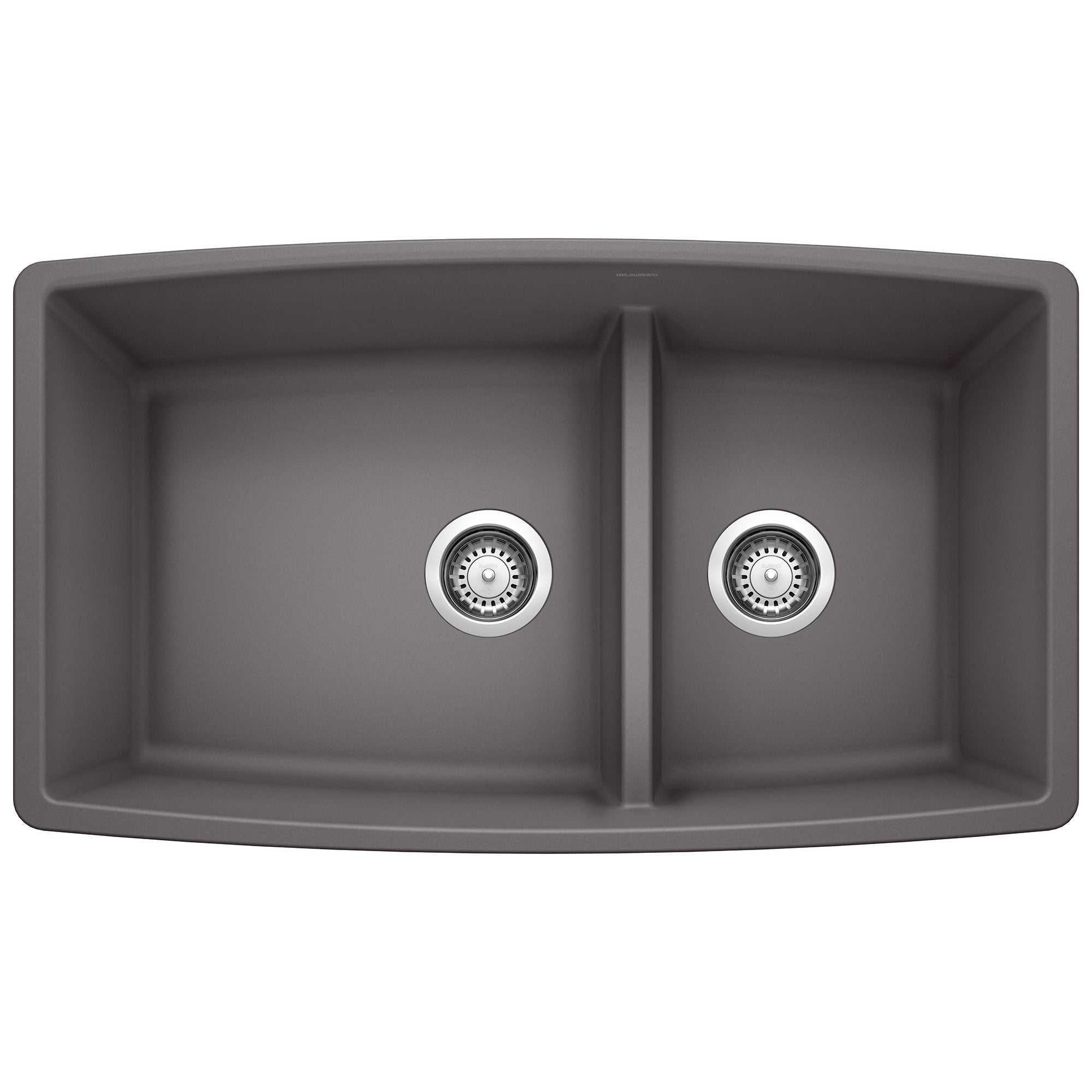 Cinder gray undermount kitchen sink with two bowls and chrome drain strainers, viewed from above.