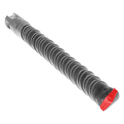 SDS-Plus hammer drill bit with gray fluted shaft, hexagonal SDS connection at top, and red cutter tip at bottom.