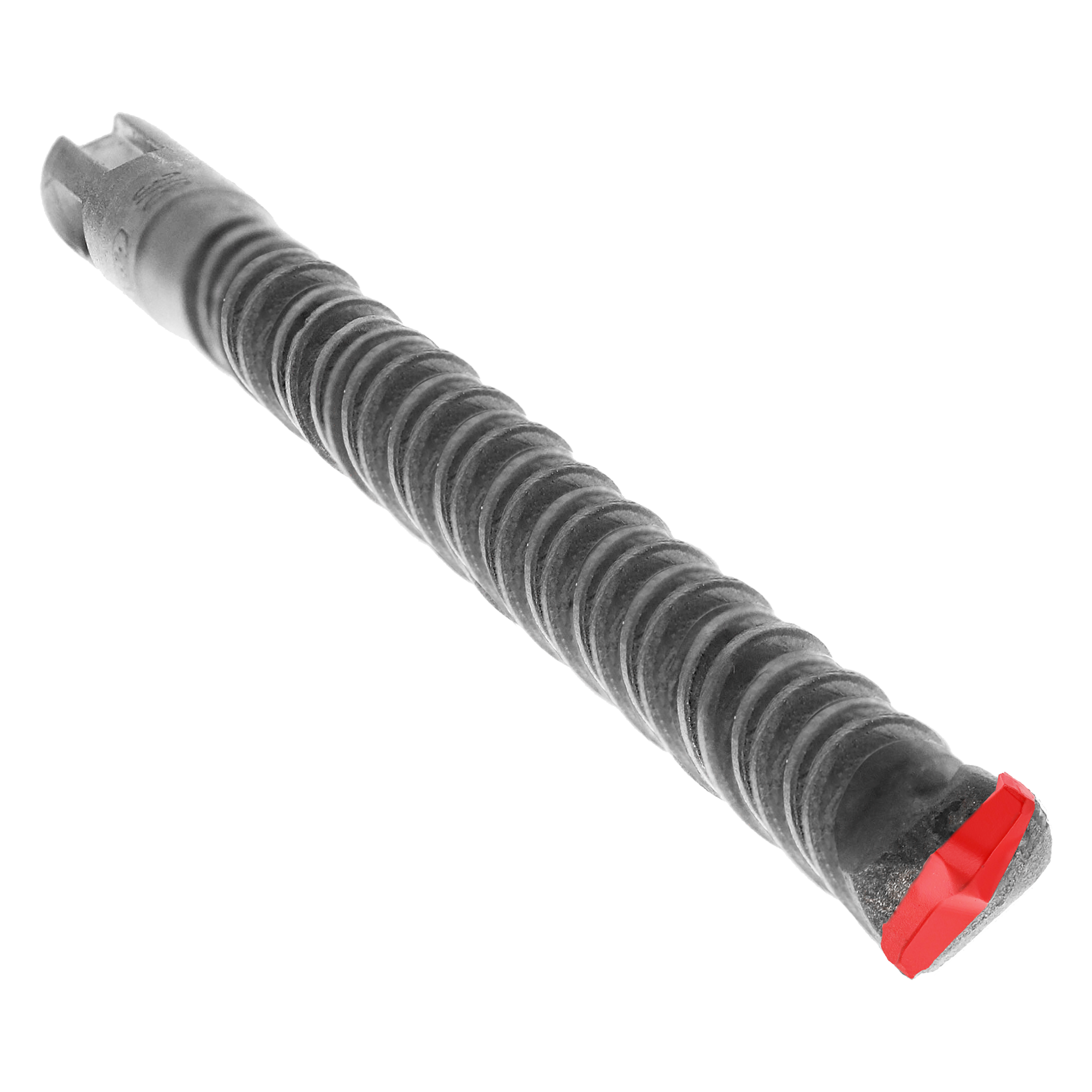 SDS-Plus hammer drill bit with 3/8 inch diameter, fluted gray steel shaft, and red cutting tip.