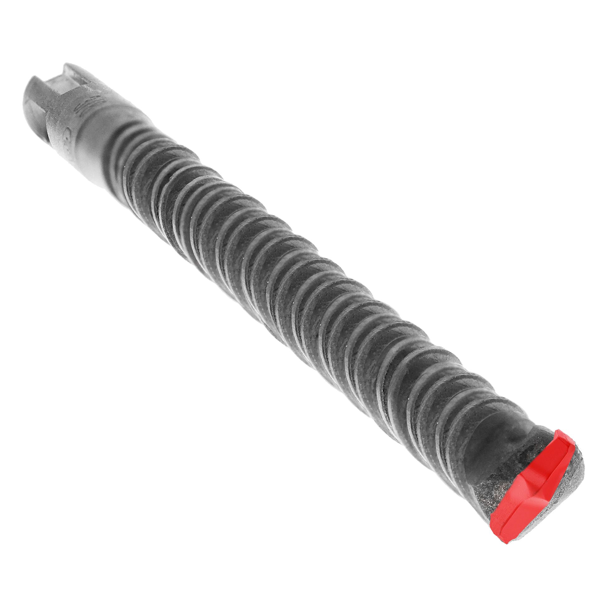 SDS-Plus hammer drill bit with two cutting edges, gray body with red end cap and hexagonal shank.