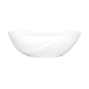 White freestanding soaking bathtub with curved oval basin and sloped sides.