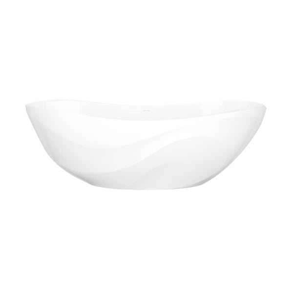White freestanding soaking bathtub with curved oval basin and sloped sides.