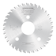 Freud conical scoring saw blade with gray carbide teeth, center hole, and mounting holes on polished steel disc.