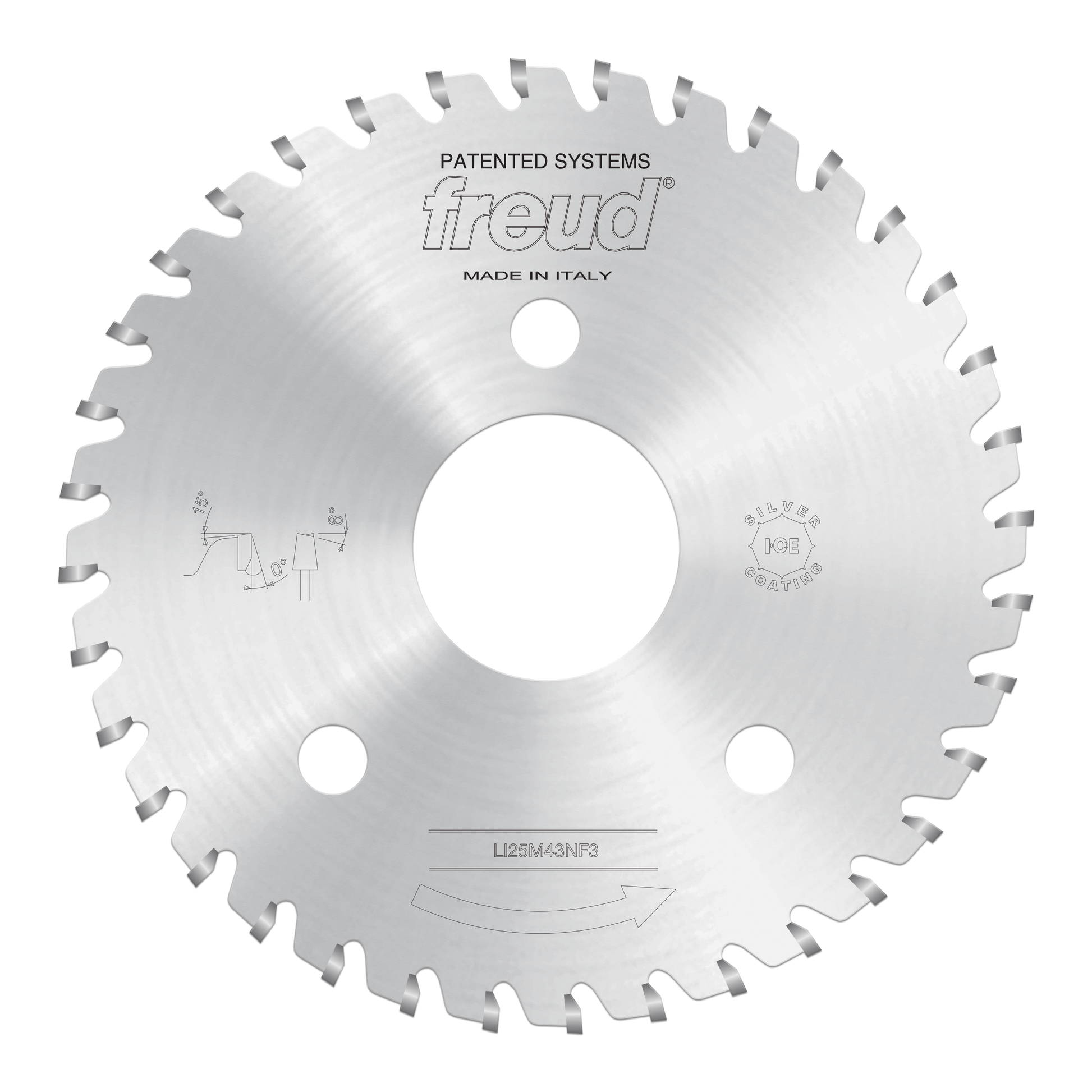 Freud conical scoring saw blade with gray carbide teeth, center hole, and mounting holes on polished steel disc.