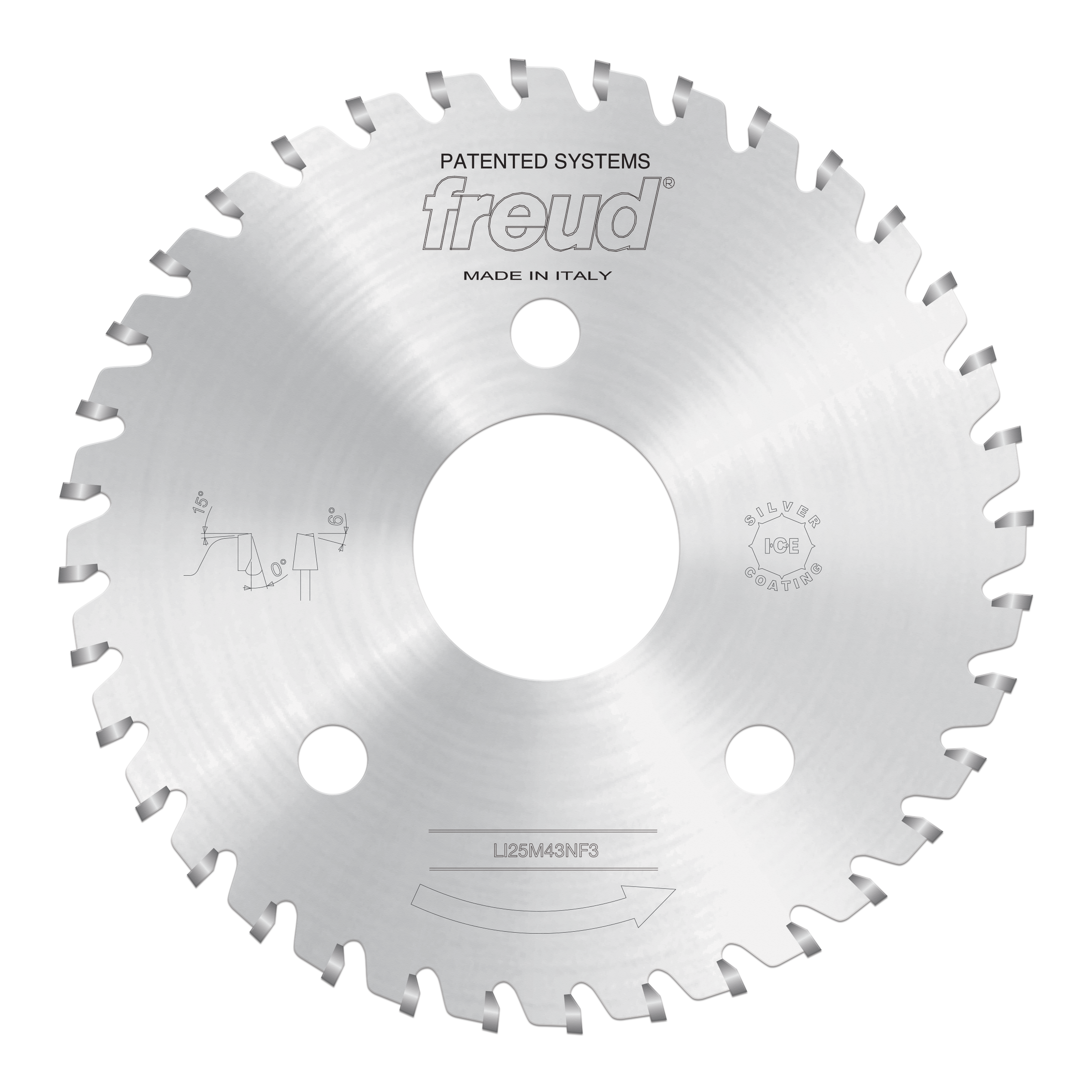 Freud conical scoring saw blade with gray carbide teeth, center hole, and mounting holes on polished steel disc.