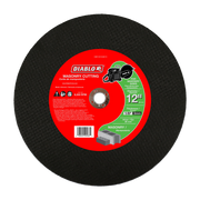 Black circular masonry cut off disc with red Diablo label showing 12 inch diameter and masonry cutting specifications.