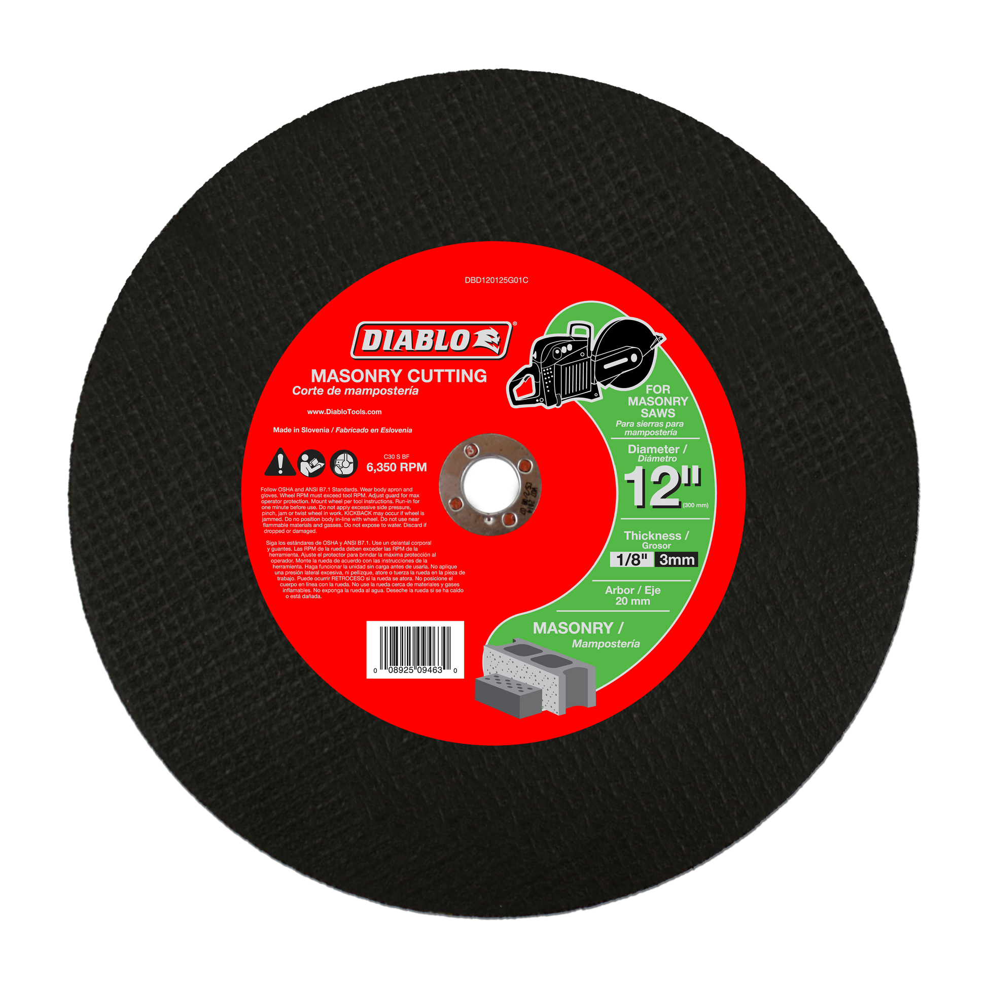 Black circular masonry cut off disc with red Diablo label showing 12 inch diameter and masonry cutting specifications.