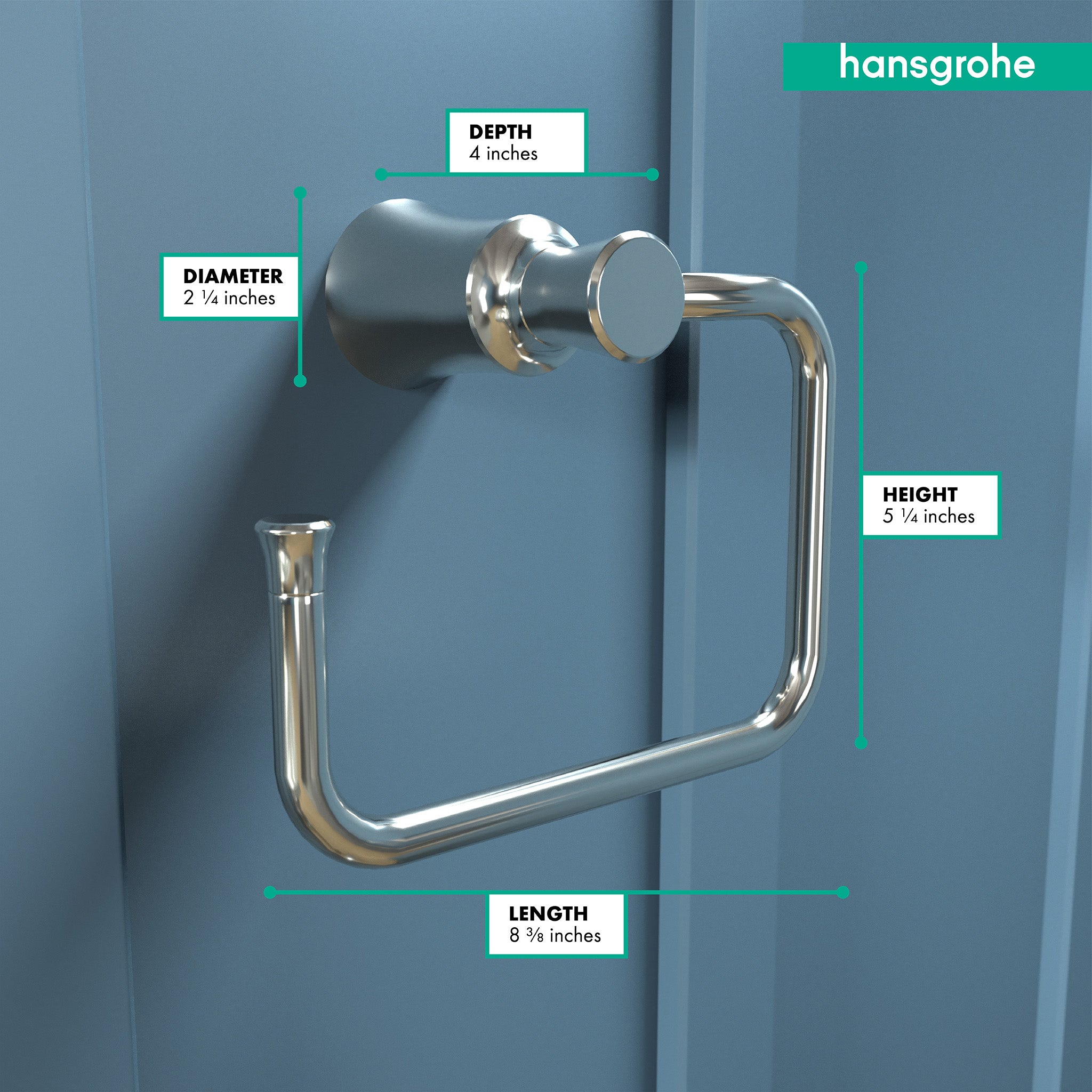 Polished nickel towel ring with circular mounting plate and curved arm mounted on blue wall with dimension measurements displ