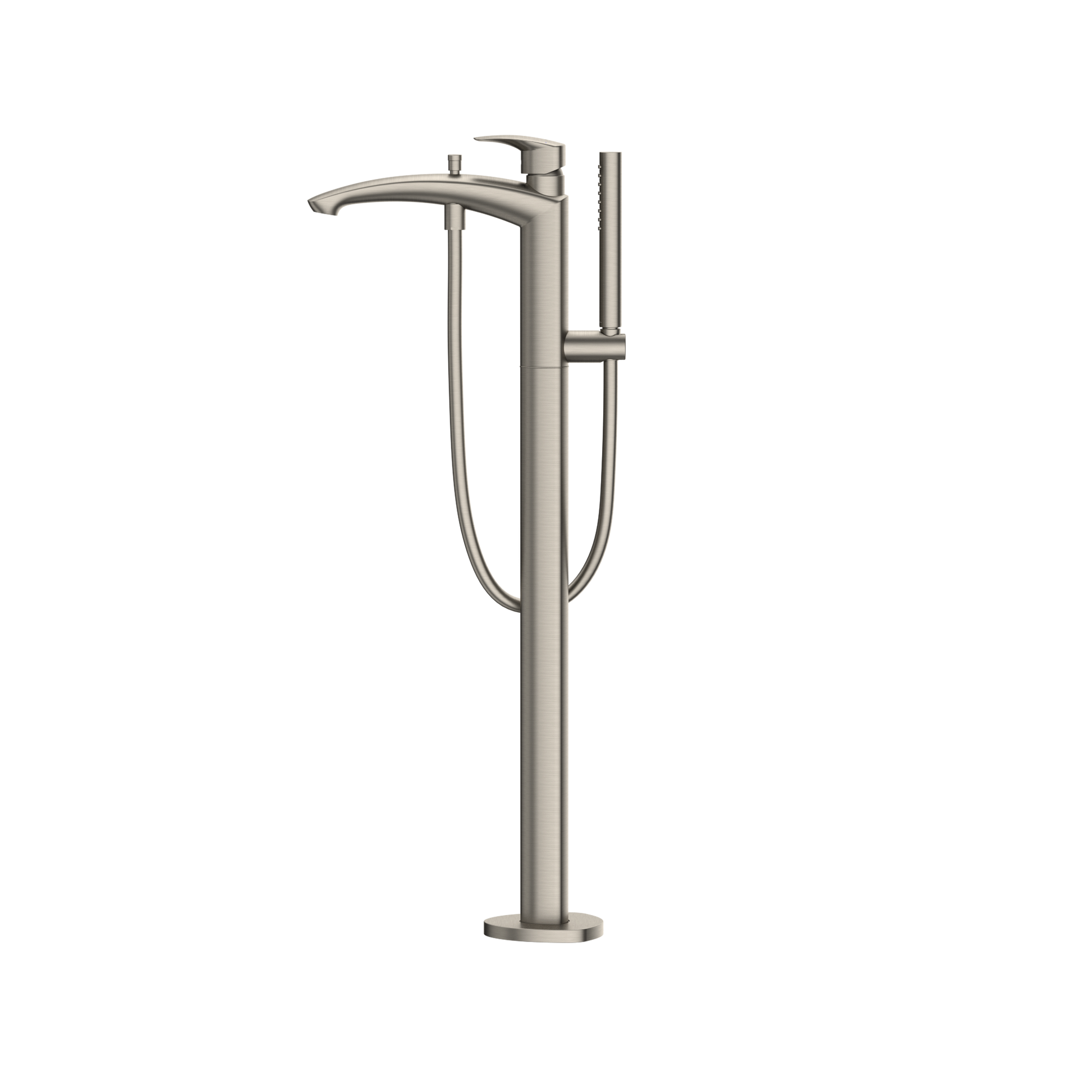 Brushed nickel freestanding tub filler with single handle, curved spout, and attached handshower on hose.