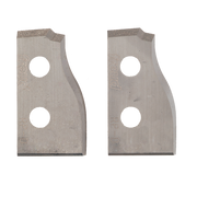 Pair of metal router knife blades with curved cutting edges and two mounting holes each.