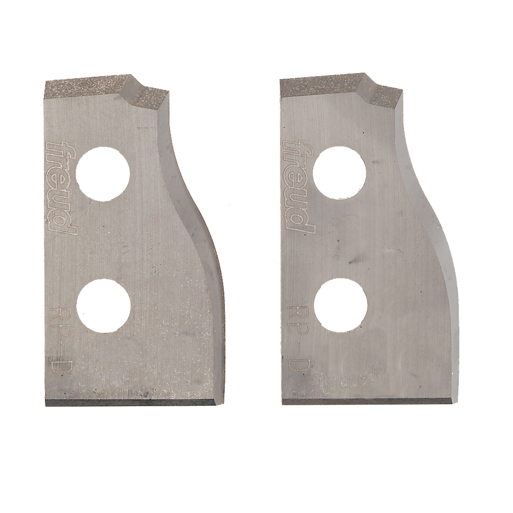 Pair of metal router knife blades with curved cutting edges and two mounting holes each.
