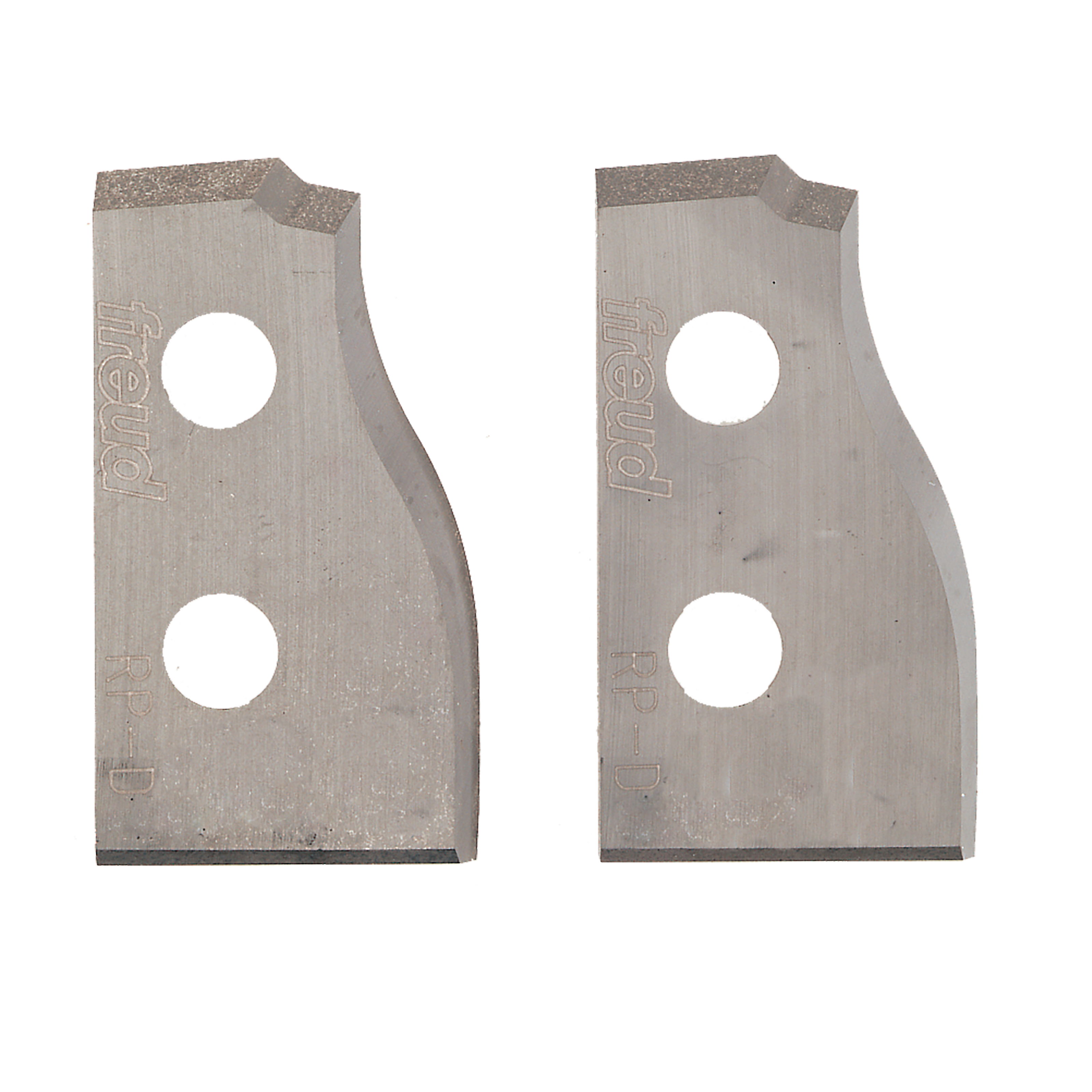 Pair of metal router knife blades with curved cutting edges and two mounting holes each.