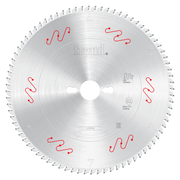 Freud 250mm circular saw blade with silver aluminum body, small teeth around perimeter, and red vibration reduction markings.