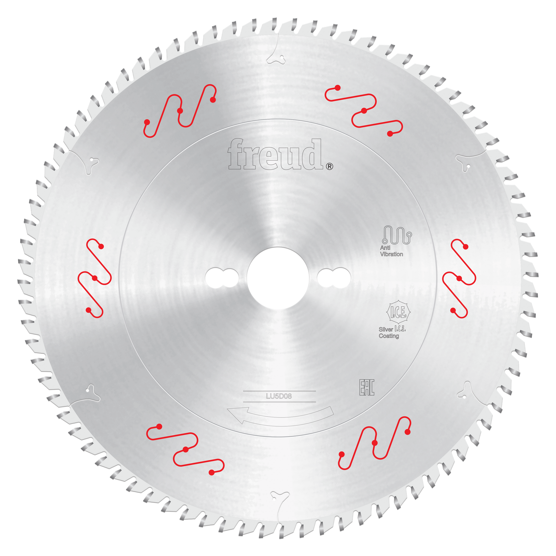 Freud 250mm circular saw blade with silver aluminum body, small teeth around perimeter, and red vibration reduction markings.