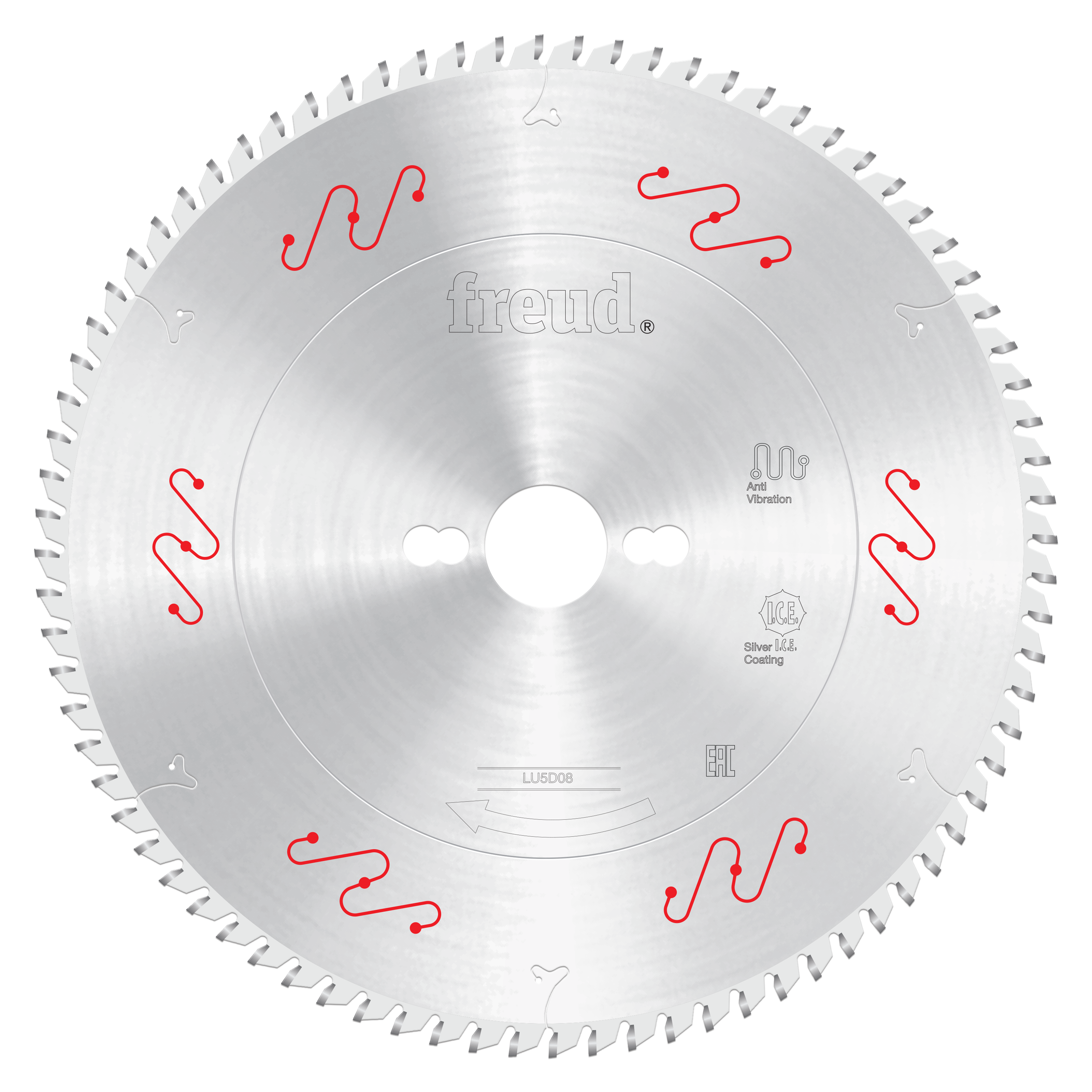Freud 250mm circular saw blade with silver aluminum body, small teeth around perimeter, and red vibration reduction markings.