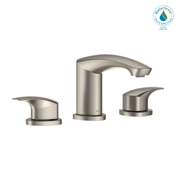 Brushed nickel two-handle widespread bathroom sink faucet with curved spout and lever handles.