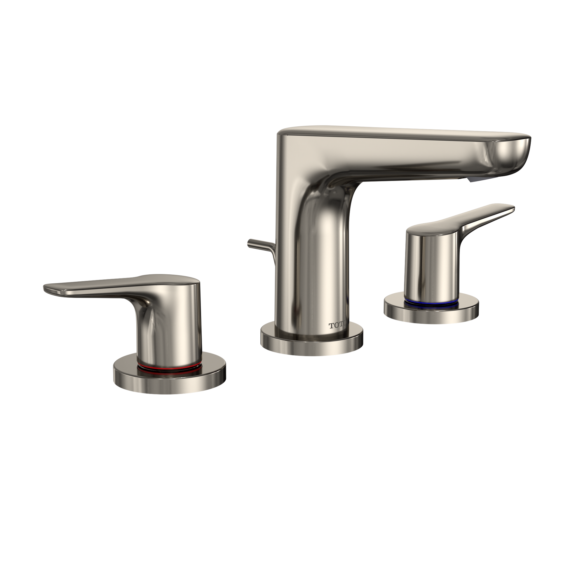 Polished nickel two-handle widespread bathroom sink faucet with curved spout and round bases.