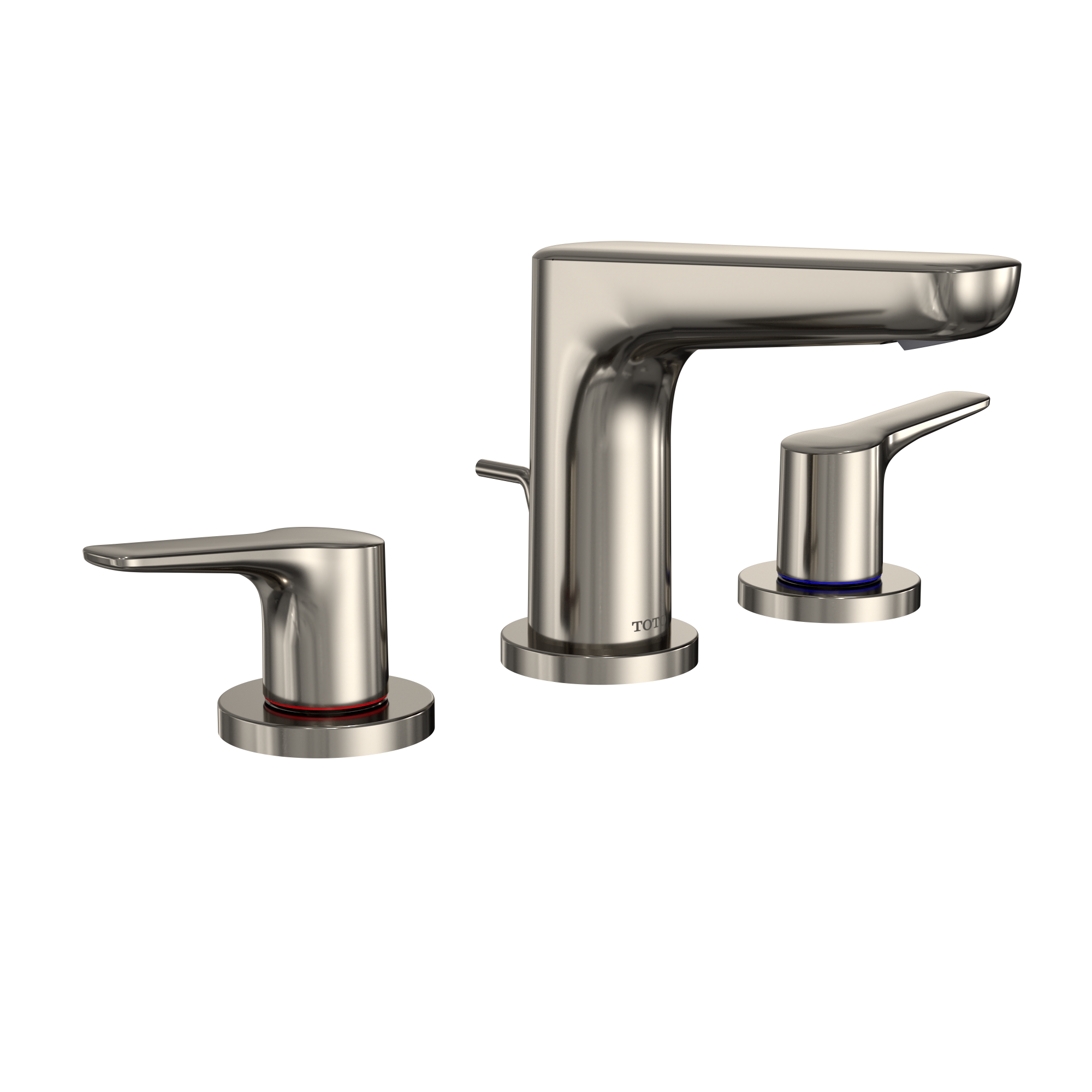 Polished nickel two-handle widespread bathroom sink faucet with curved spout and round bases.