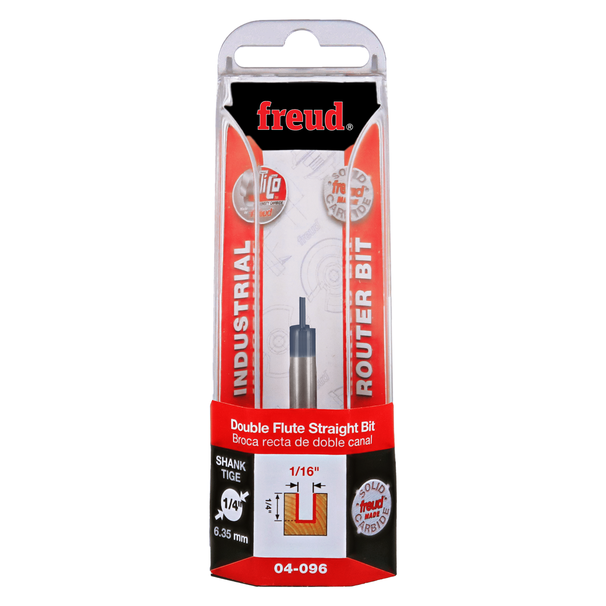 Freud 04-096 double flute straight router bit with 1/16" diameter and 1/4" shank in retail packaging.