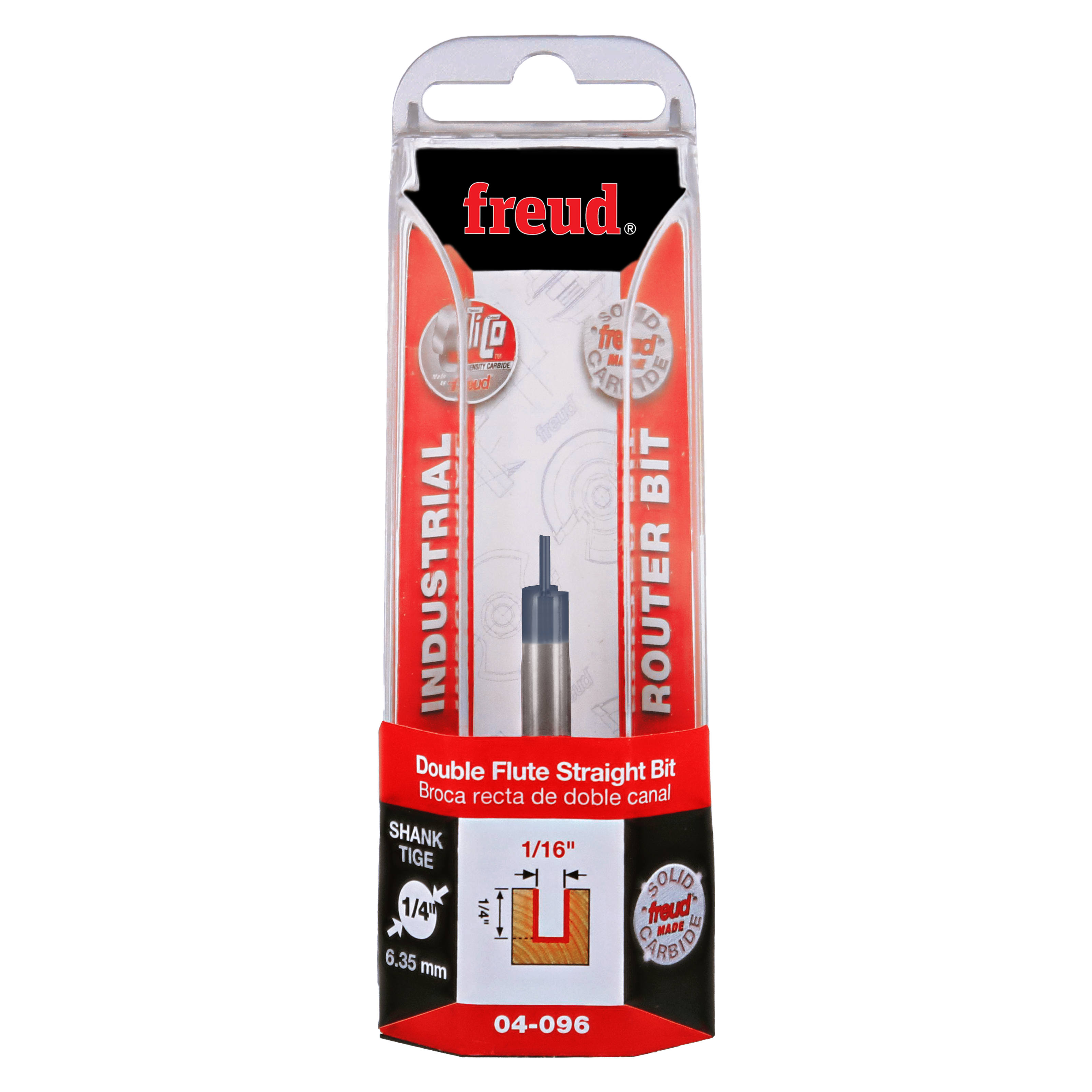 Freud 04-096 double flute straight router bit with 1/16" diameter and 1/4" shank in retail packaging.