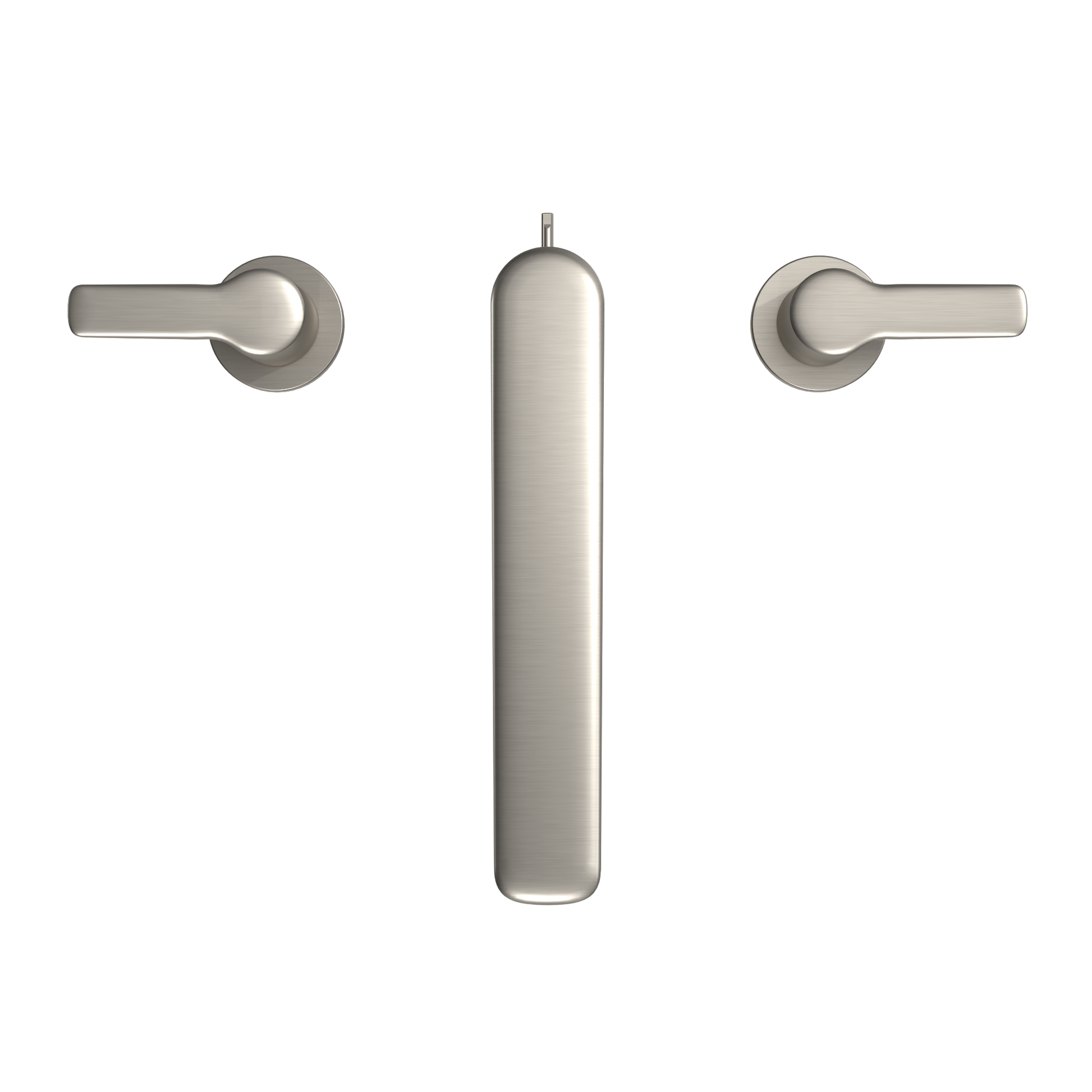 Brushed nickel two-handle deck-mount roman tub filler with central spout and lever handles on either side.