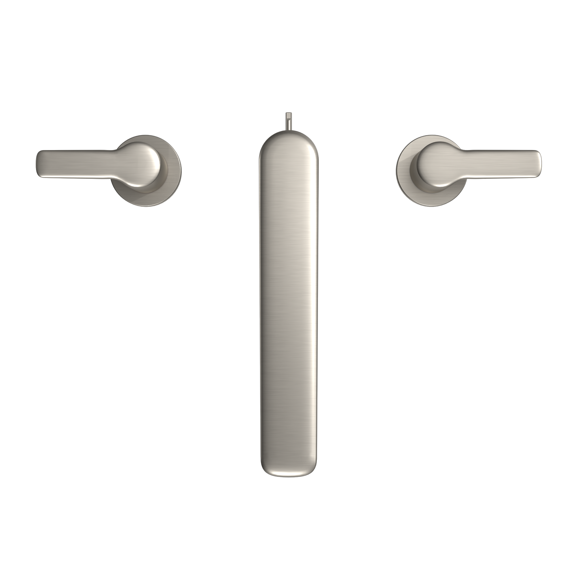 Brushed nickel two-handle deck-mount roman tub filler with central spout and lever handles on either side.