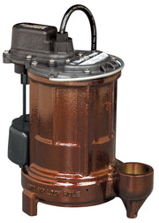 Cast iron submersible sump pump with black motor housing, discharge outlet, and attached power cord.