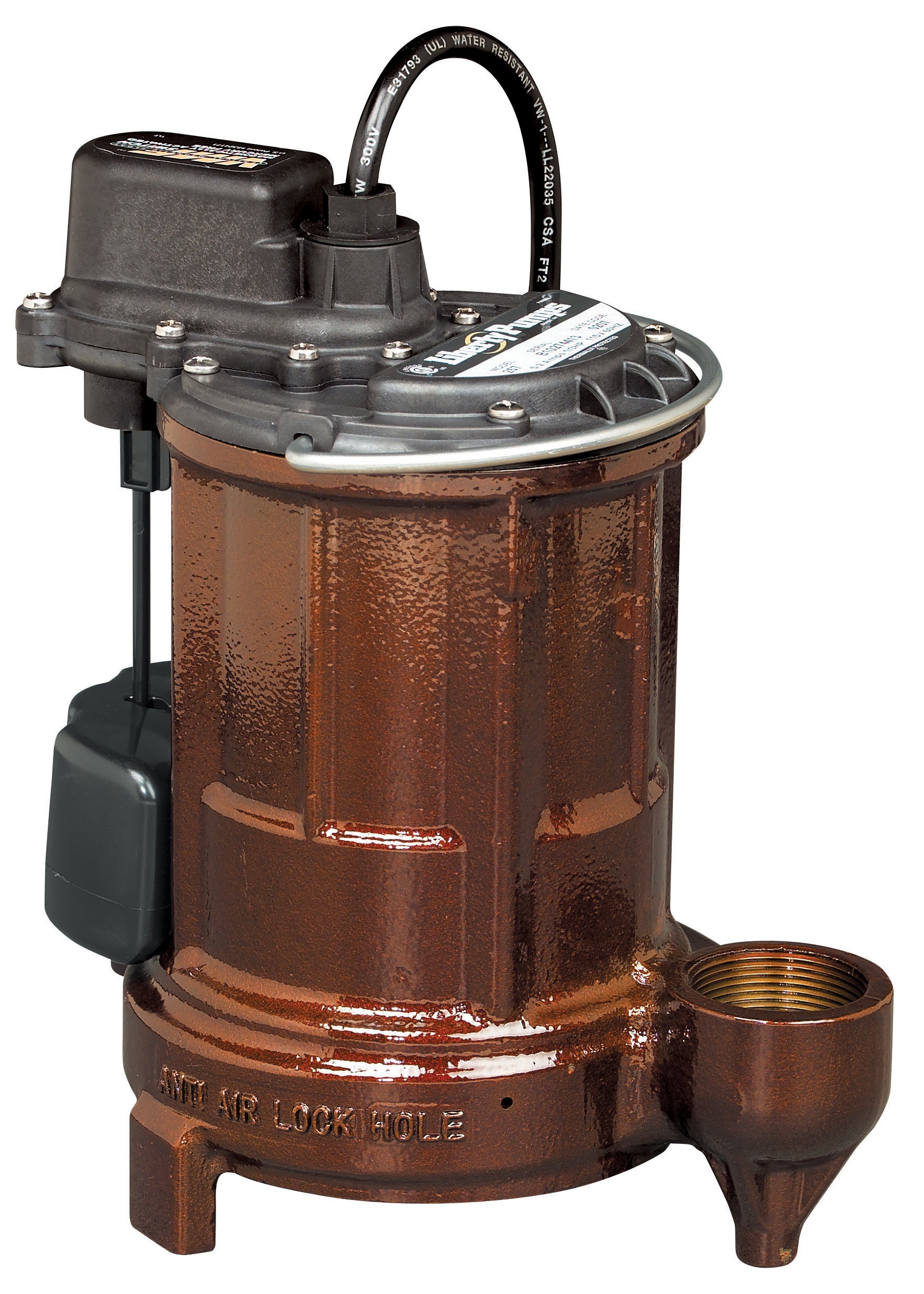 Cast iron submersible sump pump with black motor housing, discharge outlet, and attached power cord.