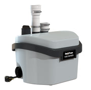 White compact drain pump with black band, vertical discharge outlet, hose connections, and power cord.
