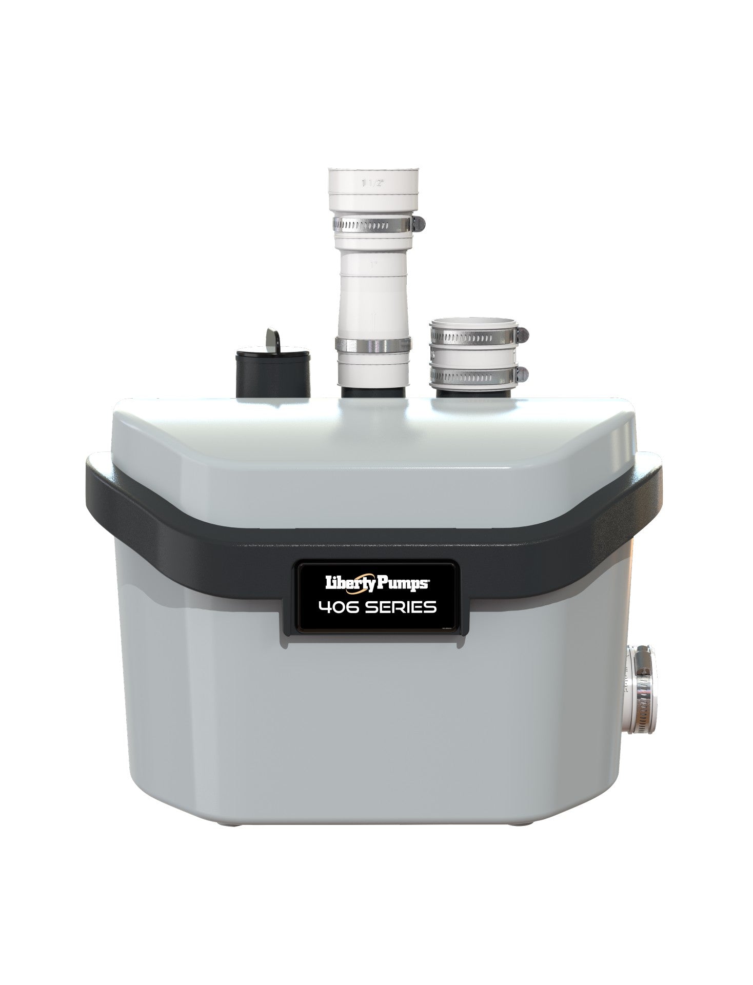 Liberty Pumps 406 Series compact drain pump with white basin, white discharge tubing, metal hose clamps, and black float swit