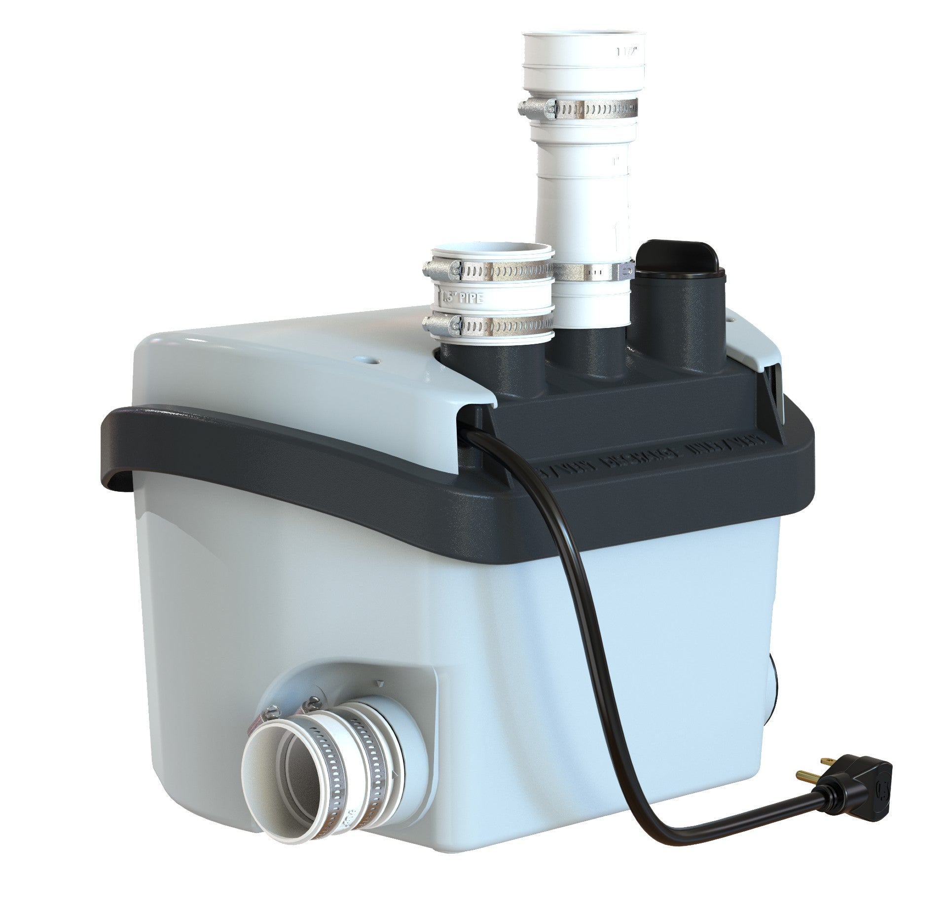 White compact drain pump with black top housing, vertical white discharge pipe with hose clamps, and power cord attached.