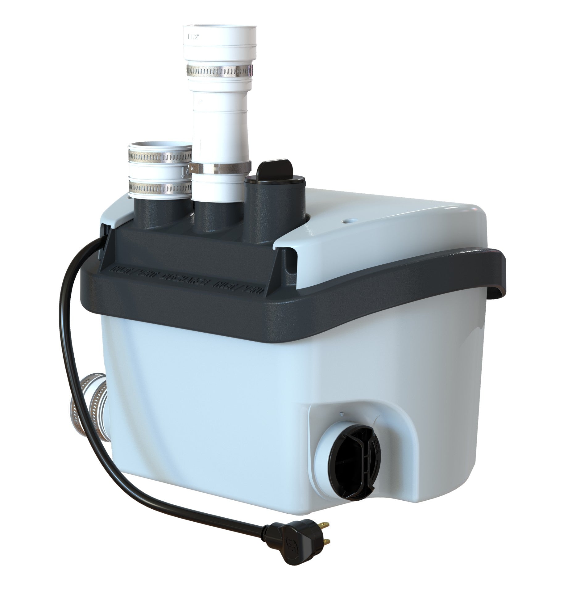 White and black compact drain pump with outlet pipe, inlet connections, and attached power cord.