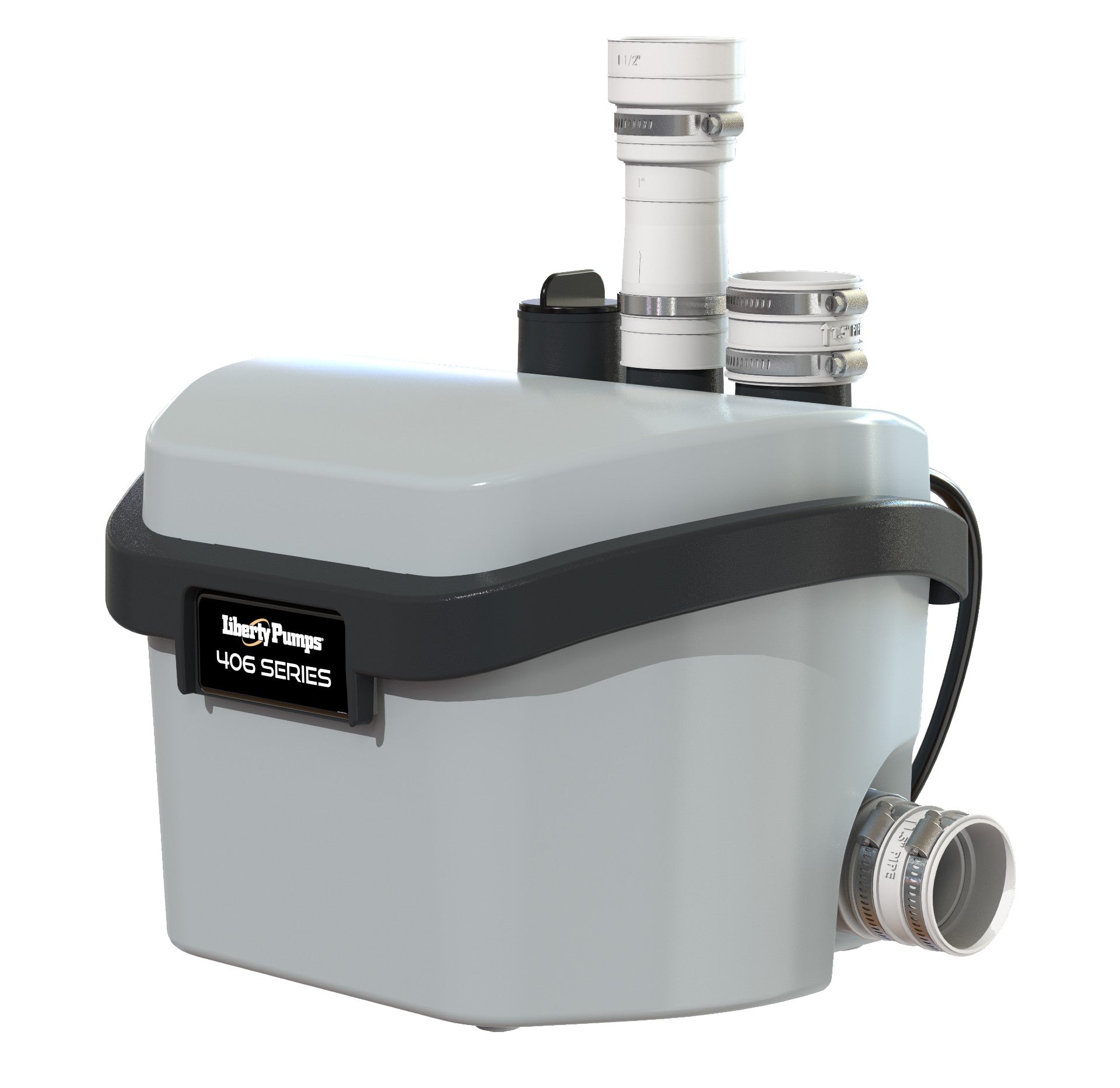 Compact white and black drain pump with vertical discharge pipe, hose connection, and black carry handle.