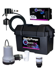 Liberty Pumps StormCell battery backup sump pump system with charger, pump, basin, hoses, and float switch components.