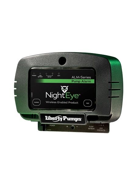 NightEye wireless pump alarm device with green and gray housing, digital display panel, and detachable sensor unit.