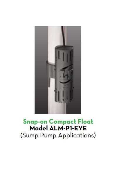 Gray cylindrical pump alarm device with cord attached, mounted vertically on white pipe.