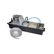 Condensate removal pump system with motor, black reservoir basin, tubing, and control switch assembly.