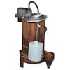 Cast iron sump pump with brown cylindrical tank and gray motor head, mounted on stand with power cord.