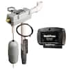 Sump pump system with metal ejector assembly, black control box, and white alarm unit.