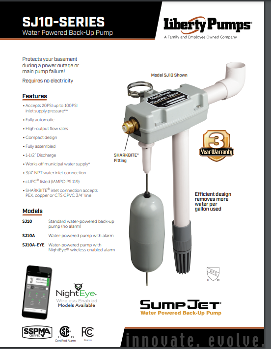 Liberty Pumps SJ10 water-powered backup sump pump with discharge pipe, float switch, and gray accumulator tank.