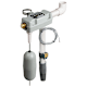 Water-powered backup sump pump with black cylindrical body, metal connectors, and alarm unit attached.