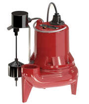 Red and black sewage pump with vertical float switch, discharge port, and 10-foot power cord attached.
