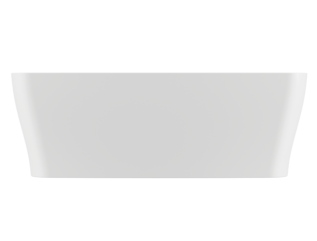 White rectangular freestanding soaker bathtub with sloped sides and heated backrest.