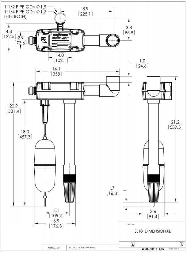 Technical schematic diagram of water-powered back-up sump pump with dimensional measurements and pipe connections labeled.